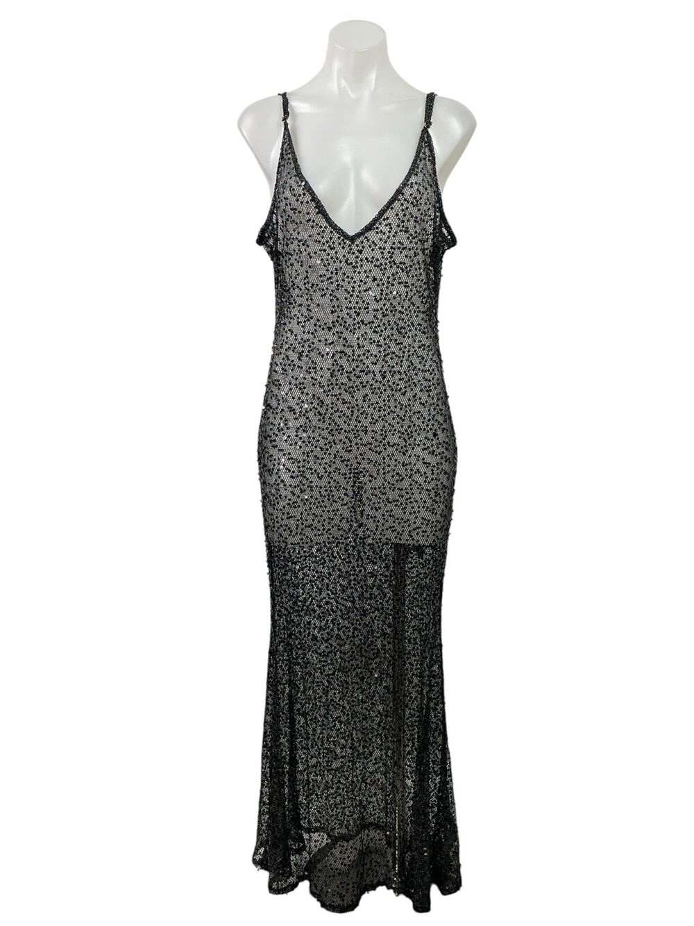 NEW PrettyLittleThing Black Sequin V Neck Sheer Cami Tank Maxi Dress Size 12